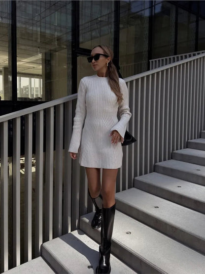 Women Elegant Ribbed Knitted Mini Dress O Neck Long Sleeve Slim Fit Dresses 2023 Autumn Winter Ladies Chic Party Club Robes