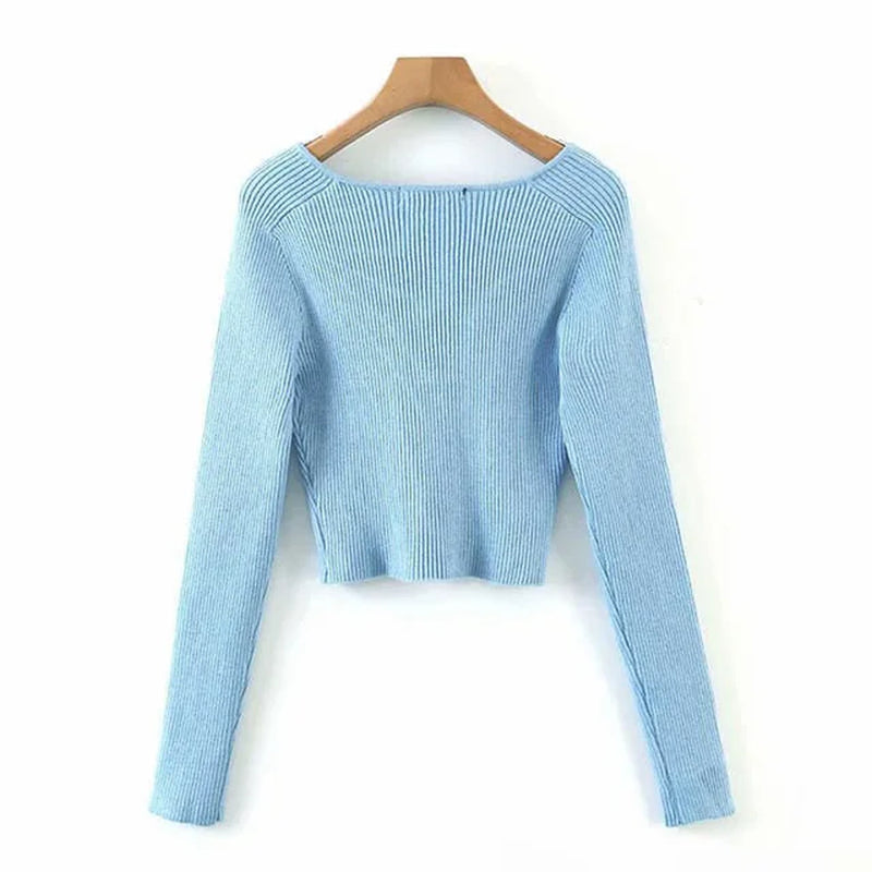 2023 Spring Spring Short Square Collar Thin Knitted Pullovers Sweater Loose V-Neck Long Sleeve Women New Fashion 13U090