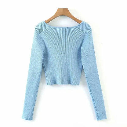 2023 Spring Spring Short Square Collar Thin Knitted Pullovers Sweater Loose V-Neck Long Sleeve Women New Fashion 13U090