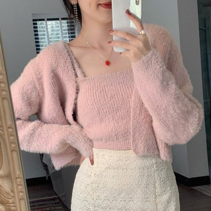 Women Mohair Two Piece Set Korean Spring Autumn Crop Tank Strap Vest + Thin Long Sleeve Knitted Cardigan Pull 2024 Chic