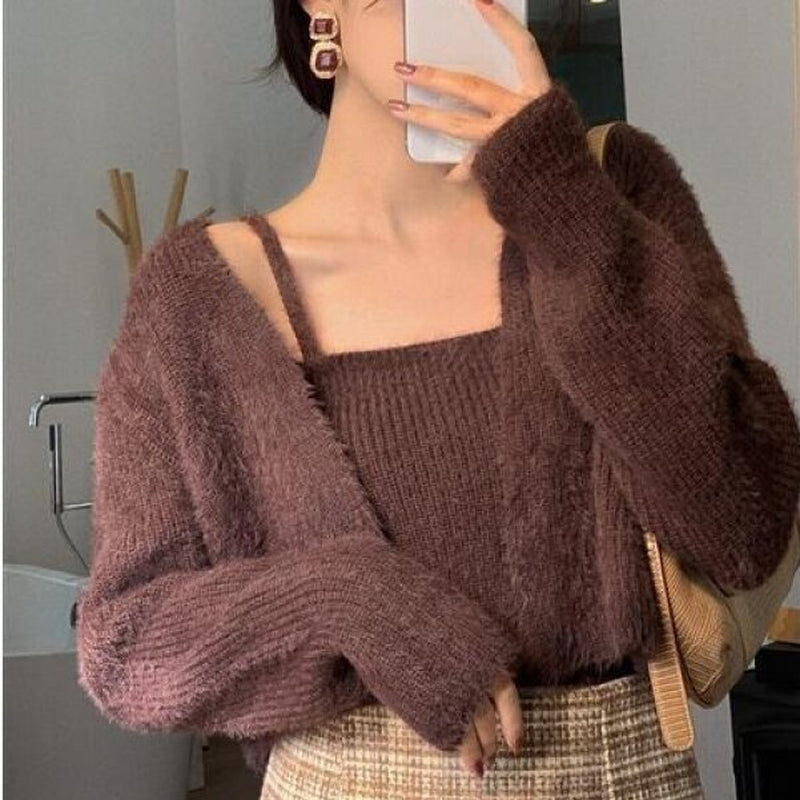 Women Mohair Two Piece Set Korean Spring Autumn Crop Tank Strap Vest + Thin Long Sleeve Knitted Cardigan Pull 2024 Chic