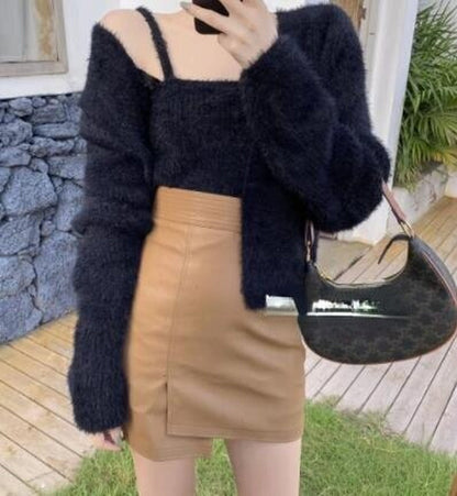 Women Mohair Two Piece Set Korean Spring Autumn Crop Tank Strap Vest + Thin Long Sleeve Knitted Cardigan Pull 2024 Chic