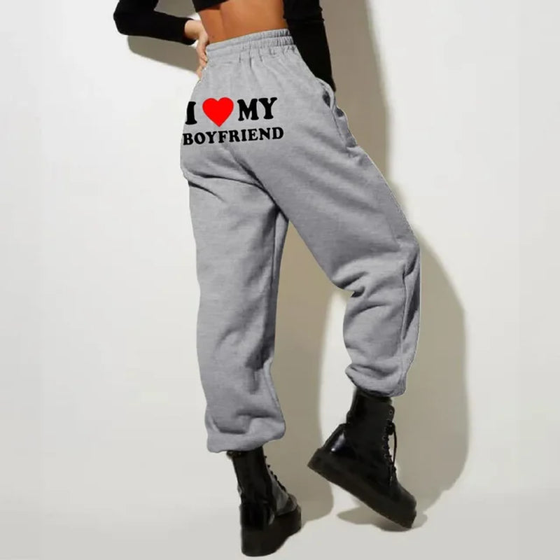 I Love My Boyfriend Printed Sweatpants Y2K High Elastic Waist Drawstring Baggy Trousers Vintage Casual Loose Straight Pants