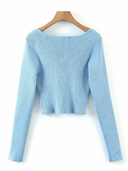 2023 Spring Spring Short Square Collar Thin Knitted Pullovers Sweater Loose V-Neck Long Sleeve Women New Fashion 13U090