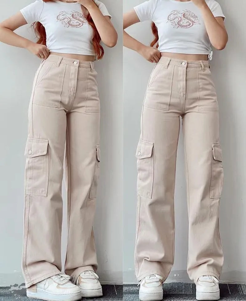 Cargo Jeans for Women High Street Harajuku Korean Fashion Parachute Pants Vintage Streetwear Wide Leg Joggers Trousers Clothing