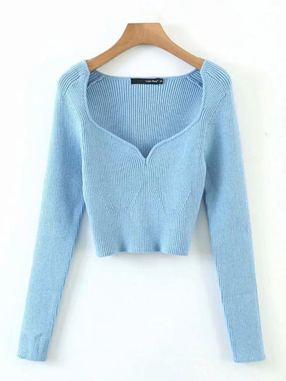 2023 Spring Spring Short Square Collar Thin Knitted Pullovers Sweater Loose V-Neck Long Sleeve Women New Fashion 13U090