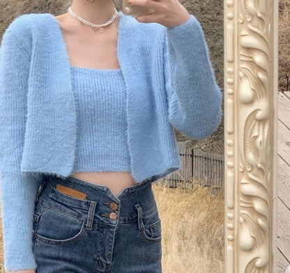 Women Mohair Two Piece Set Korean Spring Autumn Crop Tank Strap Vest + Thin Long Sleeve Knitted Cardigan Pull 2024 Chic