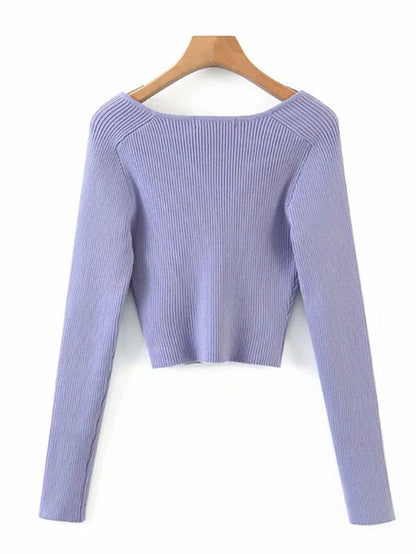 2023 Spring Spring Short Square Collar Thin Knitted Pullovers Sweater Loose V-Neck Long Sleeve Women New Fashion 13U090