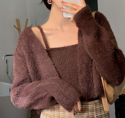 Women Mohair Two Piece Set Korean Spring Autumn Crop Tank Strap Vest + Thin Long Sleeve Knitted Cardigan Pull 2024 Chic