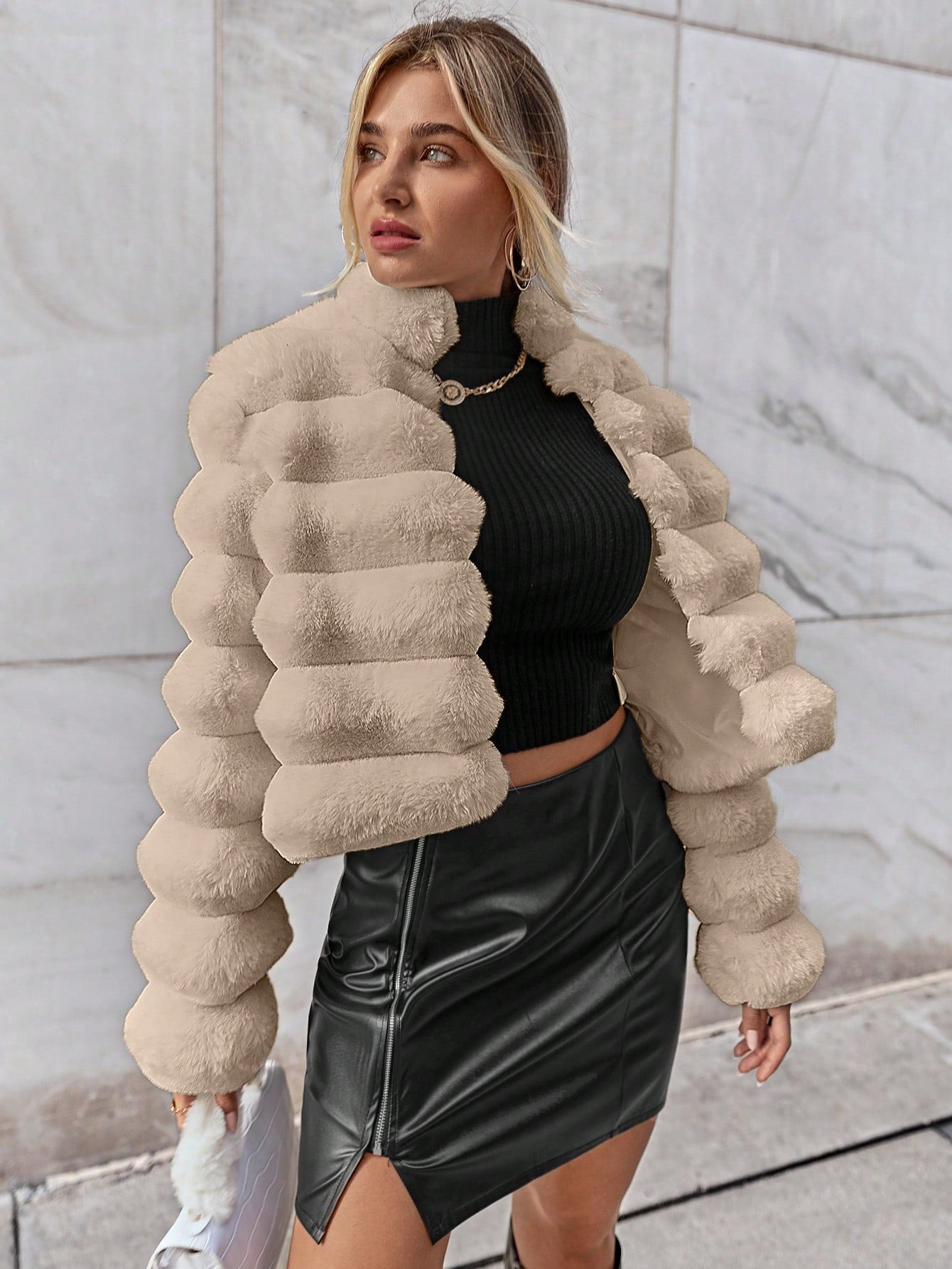 SHEIN Privé Solid Open Front Crop Fuzzy Coat