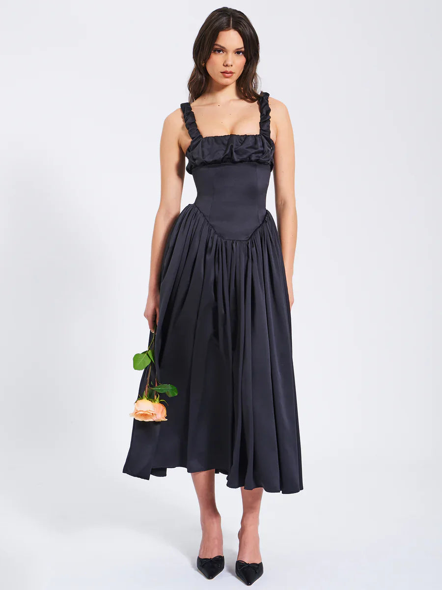 Sophia's Satin Spectacle: Maxi Suspender Dress