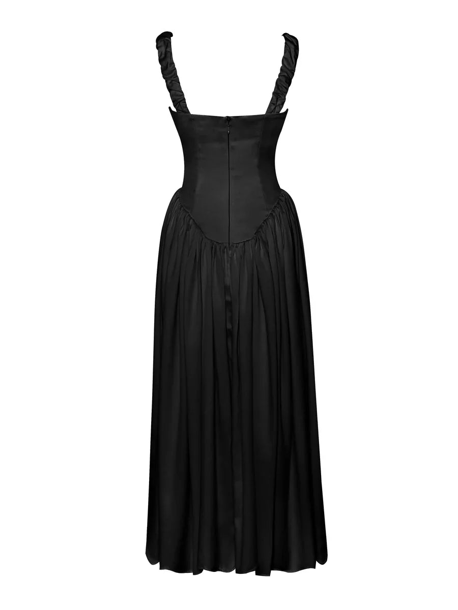 Sophia's Satin Spectacle: Maxi Suspender Dress