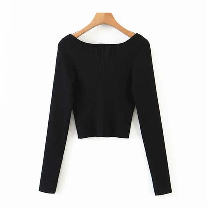 2023 Spring Spring Short Square Collar Thin Knitted Pullovers Sweater Loose V-Neck Long Sleeve Women New Fashion 13U090