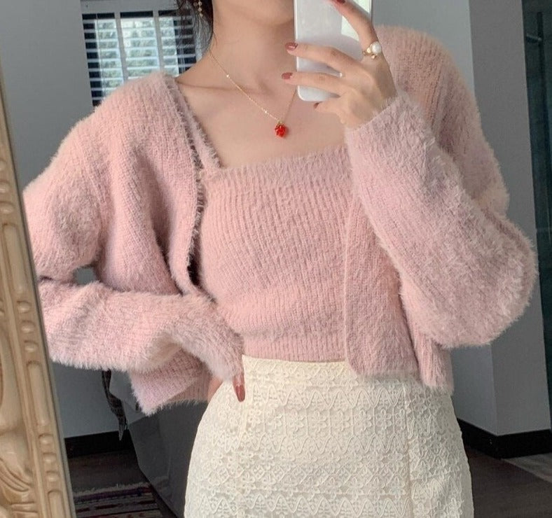 Women Mohair Two Piece Set Korean Spring Autumn Crop Tank Strap Vest + Thin Long Sleeve Knitted Cardigan Pull 2024 Chic