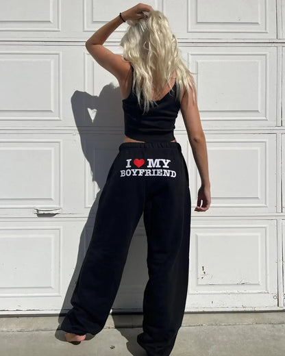 I Love My Boyfriend Printed Sweatpants Y2K High Elastic Waist Drawstring Baggy Trousers Vintage Casual Loose Straight Pants