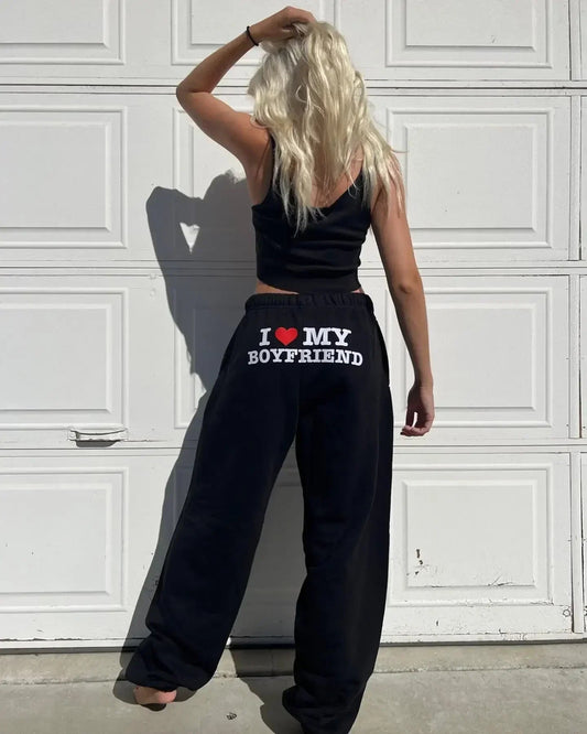 I Love My Boyfriend Printed Sweatpants Y2K High Elastic Waist Drawstring Baggy Trousers Vintage Casual Loose Straight Pants